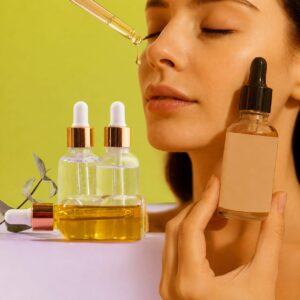 "Volufiline serum applied to the face with a skincare dropper."